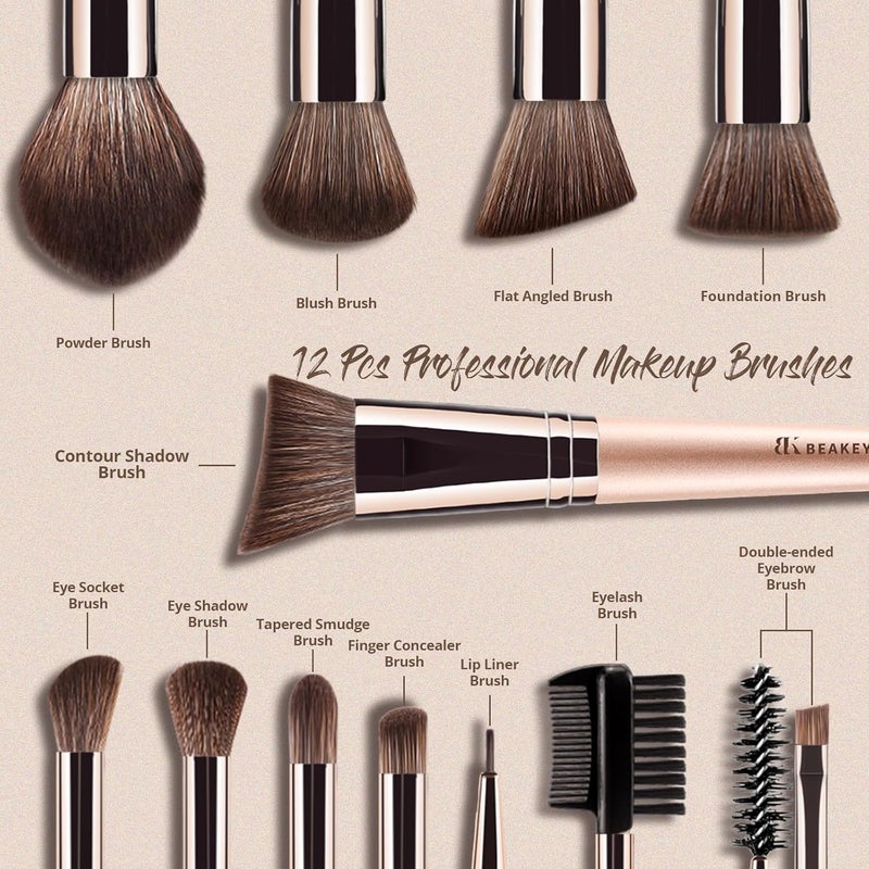 BEAKEY 12pcs Vegan Makeup Brush Set Soft high-density Taklon fibers,durable birch handles,zero shedding,easy to clean,perfect for creating any look - Image 2